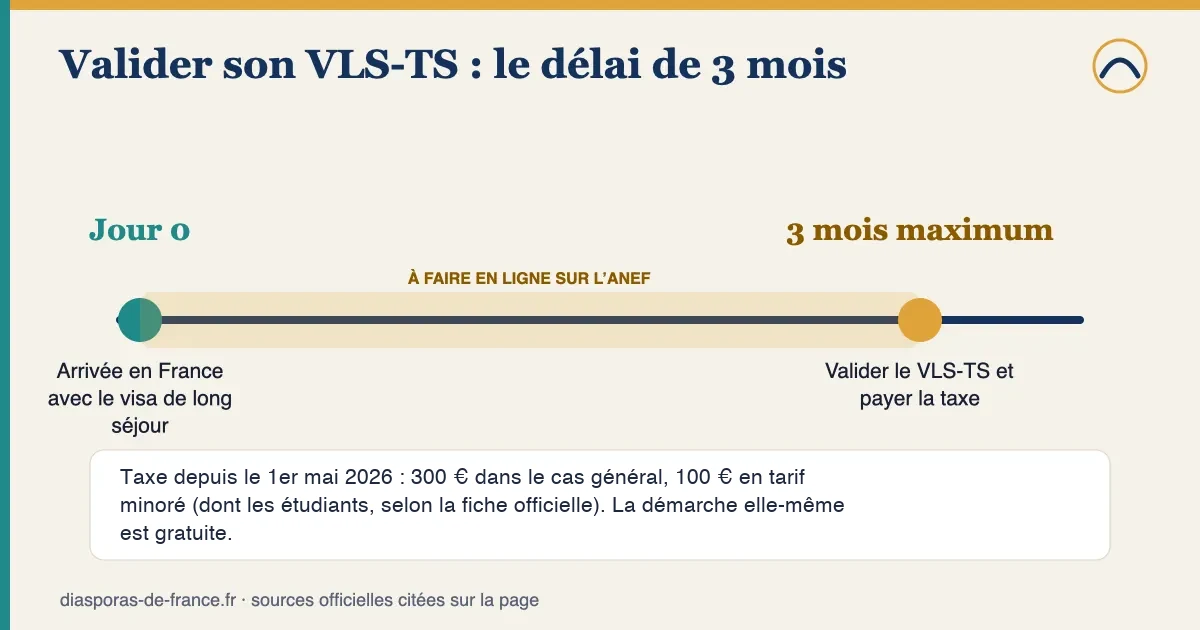 Frise du VLS-TS : après l’arrivée en France, la validation en ligne sur l’ANEF et le paiement de la taxe se font dans un délai de 3 mois maximum ; taxe de 300 € dans le cas général, 100 € en tarif minoré (dont les étudiants, selon la fiche officielle).